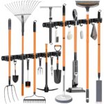 OMerima 2 Stück Besenhalterung Wand, 10 Halter + 8 Haken Edelstahl Gerätehalter, Selbstklebend Gartengerätehalter and Besenhalter, Schwarz Wandhalterung Aufhänger für Besen