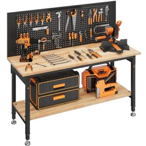 CAMMOO 152 x 55 cm Werkbank, höhenverstellbar, mit Ablagefach, max. 907 kg Tragfähigkeit, robuste Tischplatte aus Gummibaumholz mit Lochwand, LED-Beleuchtung und integrierter Steckdosenleiste