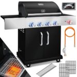 KESSER® Gasgrill mit 4 Brenner + 1x Infrarot Keramik Seitenbrenner & Piezo-Zündung | bis 800°C BBQ Grillwagen aus Edelstahl inkl. Grillrost (66cm) aus Gusseisen, Grillthermometer & Gas-Schlauch