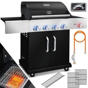 KESSER® Gasgrill mit 4 Brenner + 1x Infrarot Keramik Seitenbrenner & Piezo-Zündung | bis 800°C BBQ Grillwagen aus Edelstahl inkl. Grillrost (66cm) aus Gusseisen, Grillthermometer & Gas-Schlauch