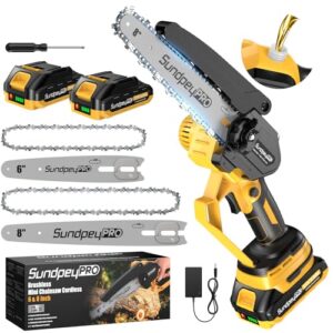 SundpeyPRO Mini Akku Kettensäge 8 & 6 Zoll - 21V Bürstenlose Mini Kettensäge mit Akkus 2x2.0Ah，Automatischer Öler und Werkzeugloser Kettenspannung，Einhand Akku-Astsäge zum Beschneiden von Holz, Ästen