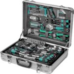 Brüder Mannesmann Werkzeugkoffer, 124-teilig, aus Aluminium - Werkzeugsatz mit Schraubendrehern, Zangen, Bitsatz, Steckschlüsselsatz, Säge und mehr - Werkzeug aus Chrom-Vanadium-Stahl | M29072