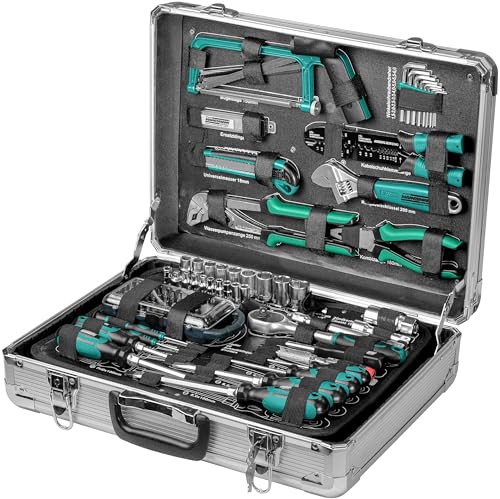 Brüder Mannesmann Werkzeugkoffer, 124-teilig, aus Aluminium - Werkzeugsatz mit Schraubendrehern, Zangen, Bitsatz, Steckschlüsselsatz, Säge und mehr - Werkzeug aus Chrom-Vanadium-Stahl | M29072