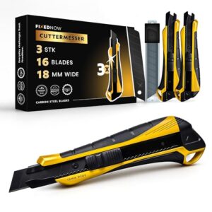 FixedNow 3 x Cuttermesser Set 18mm extra scharf inkl. 16x Ersatzklingen aus japanischem Carbonstahl I Profi Universal Cutter Messer I Tapetenmesser, Teppichmesser Utility Knife