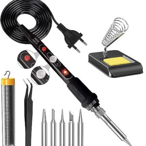Lötkolben Set,60W Lötkolben Lötset mit EIN/AUS-Schalter200-450°C, Einstellbarer Temperaturknopf, 5 Lötspitzen,Gebogene Pinzette,Lötdraht, Eisenständer mit Schwamm,Pro Elektrotechnik Reparaturen