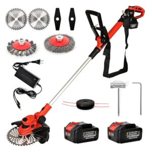 Rasentrimmer mit Akku und Unkrautbürste,4-in-1Freischneider Akku mit 2x4.0Ah Batterie, batteriebetrieben, tragbarer 21-V-Rasentrimmer,für Garden Trimmen