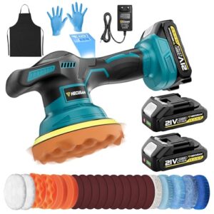 Hecusam Poliermaschine Auto Akku, 8 Variablen Geschwindigkeiten (2500–8000 RPM), 26PCS Aufsätze, Exzenter Poliermaschine Set mit LCD-Anzeige und 2x2.0Ah Batterie für Wachsen/Autodetaillierung