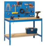 SimonRack Werkbank 400 kg Belastbarkeit, 144,5x91x61 cm, Große Arbeitsfläche Arbeitsfläche, Arbeitstisch, Holz-Arbeitsplatte, Blau/Holz - BT2