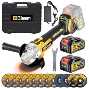 Gisam Akku Winkelschleifer 125mm, Bürstenloser Motor, 4 Drehzahlstufen, 10000 U/min, Flex Akku Winkelschleifer mit 2x 4000mAh Akku und 12 Zubehörteile für Trennen und Schleifen