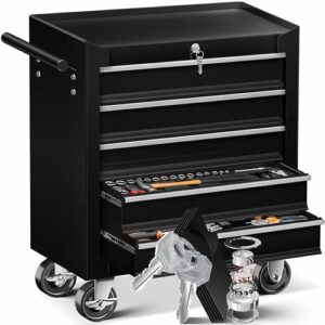 MASKO® Werkstattwagen - 5 Schubladen, Abschließbar | Massives Metall | Mobiler Werkzeug-Wagen ohne Werkzeug | Profi Werkstatt-Wagen unbestückt | Rollwagen zur Werkzeugaufbewahrung mit Schloss| Schwarz