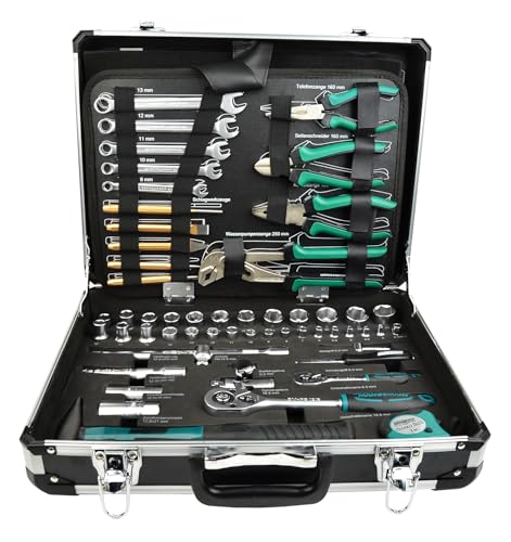 Brüder Mannesmann Werkzeugkoffer, 160-teilig - Werkzeugset mit Werkzeug aus Chrom-Vanadium-Stahl - inkl. Schraubendreher, Zangen, Ratschen, Hammer, Säge, Stecknüsse & Bits | M29078