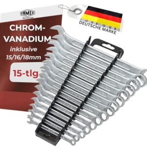 FAMEX 10355-15 Ring Maulschlüssel Set - Gabelringschlüssel Ringmaulschlüssel Schraubenschlüssel Satz - 6-22mm - DIN 3113 - im Werkzeug Halter - 15-tlg. - inkl 15, 16, 18 mm