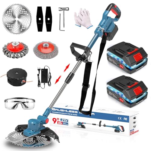 Five liters Rasentrimmer mit Akku 21 V, Freischneider Akku, Freischneider mit Unkrautbürste, 4-in-1 Rasentrimmer Akku, teleskopischer Griff für den Garten, Rasen- und Unkrautbeschnitt, Blau