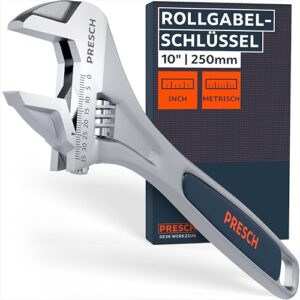 PRESCH Rollgabelschlüssel 250mm - Lasergravierte Skala 35mm (metrisch & inch) - Hochpräzise gefräst für besten Halt - Robuster, verstellbarer Schraubenschlüssel - Hochwertiges Engländer Werkzeug