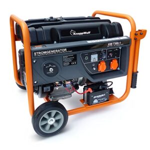 KnappWulf Stromerzeuger KW7300-1 Generator Notstromaggregat 1 phasig 2x230V 1x12V stromaggregat E-starter 6300W 25L Industrie Kunststofftank AVR Ölmangelsicherung inkl. Transporträder und Griffe