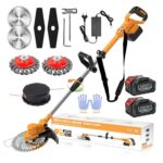 Rasentrimmer mit Akku, 4 in 1 Rasentrimmer mit Unkrautbürste 21V Bürstenloser Freischneider Akku, Teleskop, Verstellbarer, für Garden Trimmen, Orange