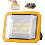 LED Strahler Akku 60W, Solar Arbeitsleuchte LED Akku 7800mAh, 10000LM Superhell Baustrahler mit 4 Lichtmodi, Campinglampe Tragbare für Stromausfällen, Camping, Gelb & Grau