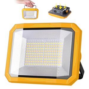 LED Strahler Akku 60W, Solar Arbeitsleuchte LED Akku 7800mAh, 10000LM Superhell Baustrahler mit 4 Lichtmodi, Campinglampe Tragbare für Stromausfällen, Camping, Gelb & Grau