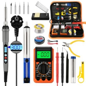 Lötkolben Set LCD Display Profi Lötkolben 60W Lötset Elektronik, Temperatur Einstellbar 180-500℃, 21 in 1 Lötset mit Digitalmultimeter, 5 Lötspitzen, Lötkolbenständer, Lötzinn, Entlötpumpe, Pinzette