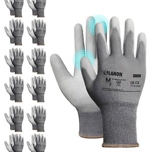 LANON 12 Paar PU Professionelle Arbeitshandschuhe, Zweimal Gewaschen, Geruchlos, Industrie-Schutzhandschuhe für Mechanik und Werkstatt, Grau, L/9
