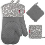 Gesentur Ofenhandschuh, Topfhandschuhe Anti-Rutsch Hitzebeständige Silikon und Baumwolle 1 Paar und 2 Topflappen (Gray)