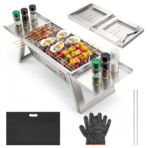 Kleiner Tragbarer Camping Holzkohlegrill, Mini tischgrill holzkohle mit 4-stufiger Hitzeverstellung, reise Klappgrill für Outdoor, Camping, Garten, picknick, Strand & Party Barbecue