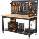 CAMMOO 122 x 61 cm Schwerlast-Werkbank, höhenverstellbar, max. 907 kg Tragfähigkeit, mit Ablagefach, Tischplatte aus Gummibaumholz mit Lochwand, LED-Beleuchtung und integrierter Steckdosenleiste