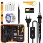 80W LCD Lötkolben Set,Soldering Iron,Lötset,Temperatur einstellbar 180-520°C mit Ein/Aus Schalter, Lötkolben mit 5 Spitzen, 50g Lötdraht, Entlötpumpe, Lötkolbenhalter
