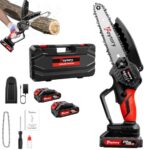 21V Akku Kettensäge mit 2x Akkus, 6 Zoll Rot Kettensäge Elektrisch Handsäge Einhand Handkettensäge mit Sicherheitsschloss für Gartenarbeit Baumbeschneidung Holzschneiden