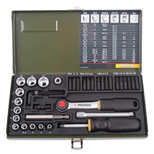 Proxxon Steckschlüsselsatz, Schraubersatz mit 1/4"-Umschaltratsche, Schraubendrehergriff und Magnethalter, 39-teiliges Werkzeug-Set mit Stahlkasten, 23070