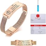Notfallarmband Medizinisch Damen Personalisiert Uhrenarmband:VNOX Personalisiertes ID Armbänder mit Gravur Verstellbares Medizinischer Armband aus Edelstahl Männer,Roségold