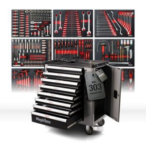 Mephisto Werkzeugwagen Werkstattwagen mit 8 Schubladen Davon 8 Schubladen mit Werkzeug wie Schraubenschlüssel, Ratsche mit Nusskasten, Ringschlüssel usw. in Soft Inlays in Carbonoptik gefüllt