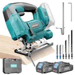 Yofuly Akku-Stichsäge für Makita 18V Akku, Stichsäge mit 2 * 2,0Ah Akku Variable Geschwindigkeit, Gehrungswinkel (0°-45°), 3-Positionen-Exzenterstichsäge zum Schneiden von Holz, PVC und Metall