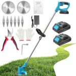 Rasentrimmer mit Akku 21V, KUZUPRO Akku Freischneider mit 2 Akkus 2.0Ah, 2 Arten von Metal Klingen Akku Rasentrimmer, Gartenschere, Verstellbarer Griff für Rasen Garten Beschneiden, Blau