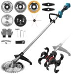 2-In-1 1380W Akku Bodenhacke und Rasentrimmer Kompatibel mit Makita 18V Akku, Elektrische Gartenfräse mit Bodenhackenkopf und 7 Rasenmäherwerkzeuge, Akku Motorhacken für Beet, Acker(Ohne Akkus)