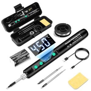 Daakro 2-in-1 Schwarz Akku Lötkolben Set,180-450℃ mit einstellbarer Temperatur,mit LED-Anzeige USB-aufladbares lötkolben mit Lötdraht, Werkzeugkasten, Akku-Lötkolben-Set, 3 Lötkolbenspitzen usw