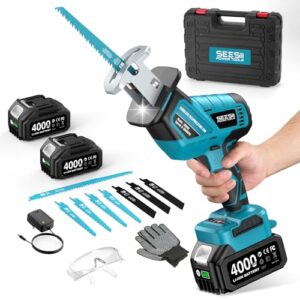 SEESII Säbelsäge Akku, 3500 RPM Bürstenloser Motor Akku Universalsäge mit 2 x 4.0Ah Batterien, LED Licht, 8 Sägeblätter tragbar für Holz PVC Schneiden