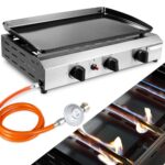 LIFERUN Gas Plancha Grillplatte,Kompakt Tischgasgrill,3 Brenner Gasgrill Edelstahl(7,2 KW (25000 BTU),Keramische Lackbeschichtung Grillfläche,Tragbarer Balkon Camping Picknick BBQ Grill(Butan/Propan)