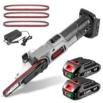 ONEVAN Akku Bandschleifer, Elektrische Bandfeile mit 2 2000mAh Akkus, 6 Geschwindigkeiten, 35° Einstellbare, Elektrofeile Fingerschleifer Bandschleifmaschine inkl. 3 Schleifbändern
