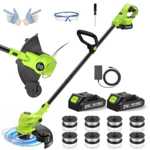 VOERJIA Akku Rasentrimmer 21V für Haus & Garten, automatischer Faden, 8 Spulen inklusive, 2-in-1 Rasentrimmer & Kantenschneider, 2×2000 mAh Akku, 90° schwenkbarer Kopf