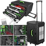 tectake® Werkzeug Set im Aluminium Koffer, Werkzeugkoffer gefüllt 899-tlg., Tool Werkzeugwagen fahrbar, Trolley mit 4 Schubladen, Teleskopgriff, Werkzeugkiste groß für Profi und Haushalt - schwarz