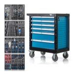 Werkzeugwagen bestückt mit Werkzeug 220 tlg. | 6 Schubladen | Abschließbar | davon 4 mit Werkzeug | kugelgelagerte Schubladen | Feststellbremse | Werkstattwagen gefüllt Werkzeugkasten Werkzeugkiste