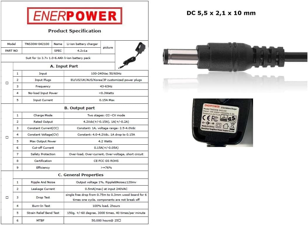 Enerpower Steck Ladegerät 1S für Li-Ion/Li-Po Akkus 3,6V-3,7V Rundstecker 5,5 x 2,1 mm 1A (GS) – Bild 3
