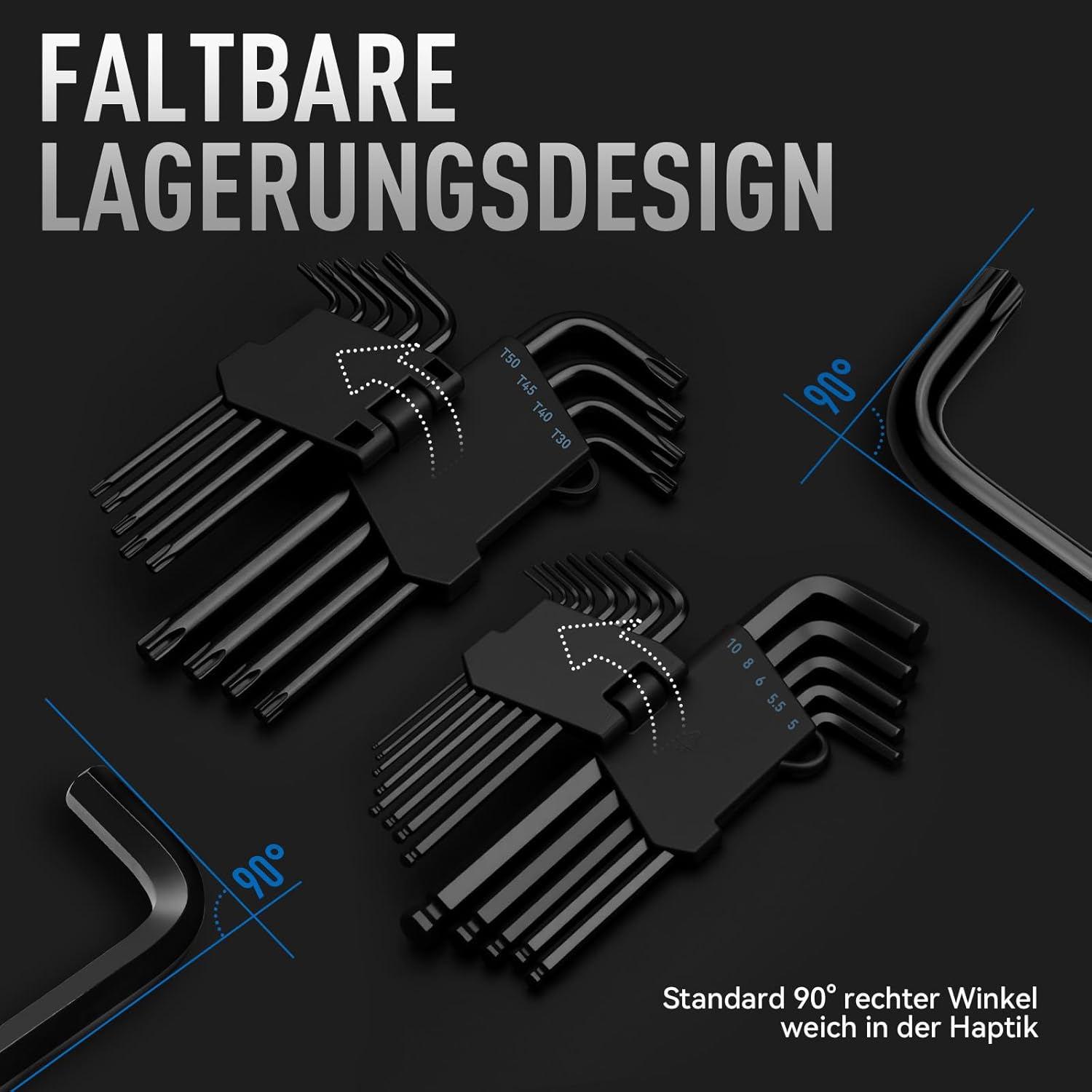 DISEN 22-teilig Innensechskant-Schlüssel-Set,13-tlg mit Kugelkopf, Innensechskant LANG, 1,27 bis 10 mm & 9 Stück TORX Innensechskant Satz T10-T50 Langarm Sternschlüssel Satz Chrom Vanadium Stahl – Bild 4