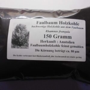 Eigenmarke Faulbaum Holzkohle, Holzkohlenstaub, Rhamnus frangula, Körnung ca. 80 µm
