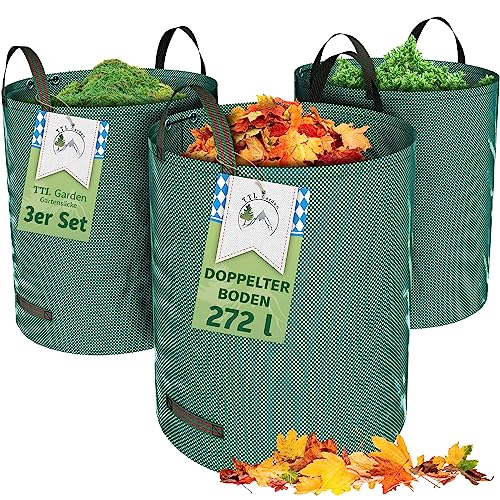 TTL GARDEN 3x 272L Gartensack - DOPPELTER BODEN extra stabil selbststehend 4 Griffe 150gsm groร robust & faltbar - 3er Set Garten Sack Laubsack Abfallsack fรผr Gras Laub Hecke Gartenabfall