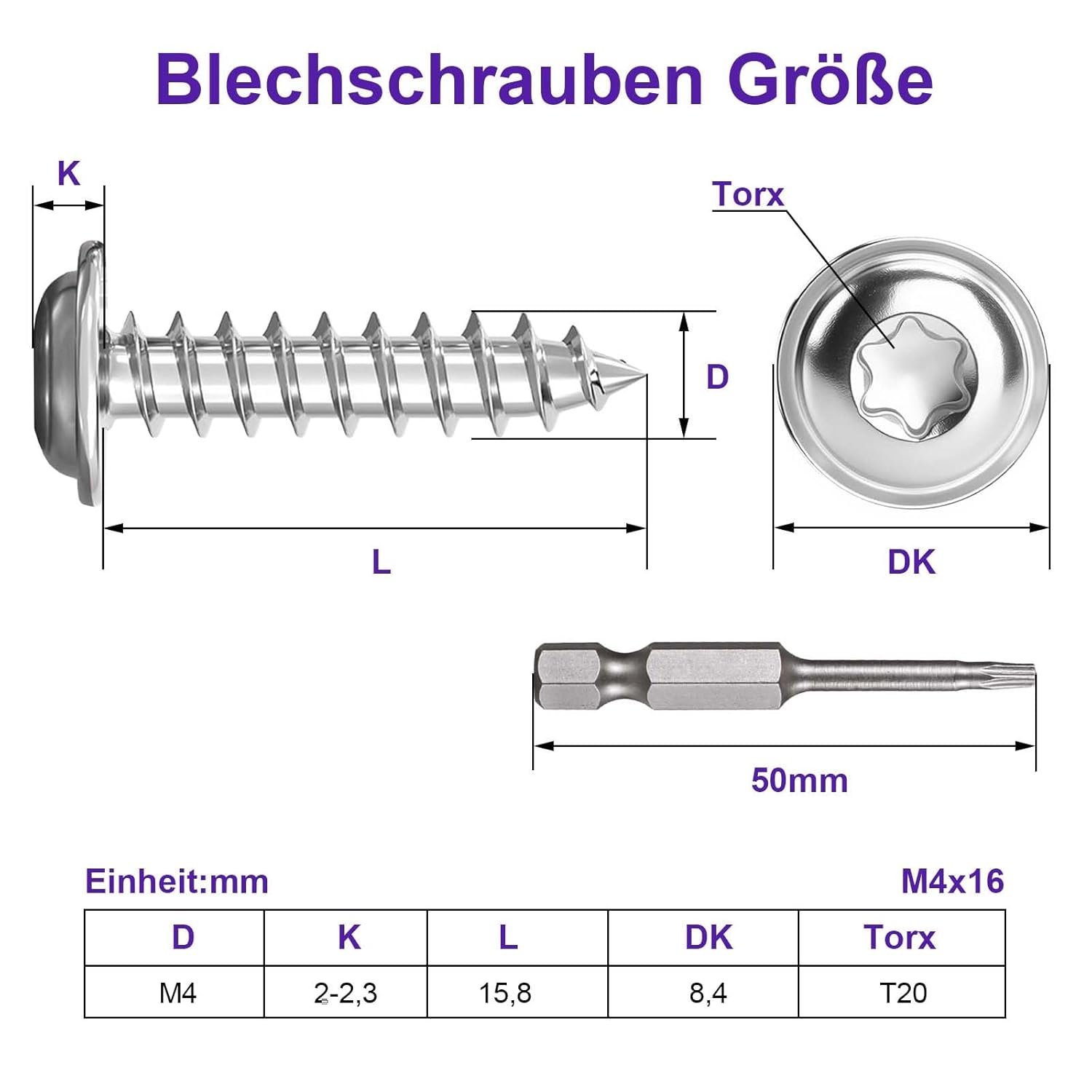 Dayalo 30 Stück Blechschrauben Torx M4 x 16mm, Blechschrauben Edelstahl A2 V2A, Linsenkopfschrauben Holz, Selbstschneidende Schrauben mit Scheibe, mit Schraubendreher Bit, Vollgewinde – Bild 2