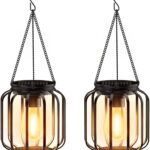 Garten Solarlampen für Außen Hängend, 2 Stück Solar Laternen für Draußen mit Größer LED-Glühbirne, IP65 Wasserdicht Metall Solarleuchten für Außen Terrasse Rasen Balkon Hof Gartendeko