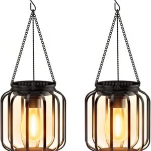Garten Solarlampen für Außen Hängend, 2 Stück Solar Laternen für Draußen mit Größer LED-Glühbirne, IP65 Wasserdicht Metall Solarleuchten für Außen Terrasse Rasen Balkon Hof Gartendeko