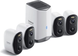 Baseus Security Überwachungskamera Aussen Kabellos 16TB Erweiterbarer Speicher, 210Tage Akku, IP67 Wetterfest, Nachtsicht, Kamera Überwachung WLAN mit 2K HD, 145°, 16GB Lokal Speicher - N1 4-Cam Kit